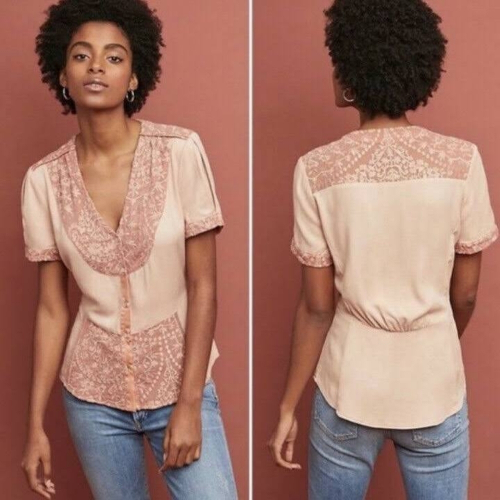 Anthropologie Tiny Talia Blush Pink Lace Blouse L Large
